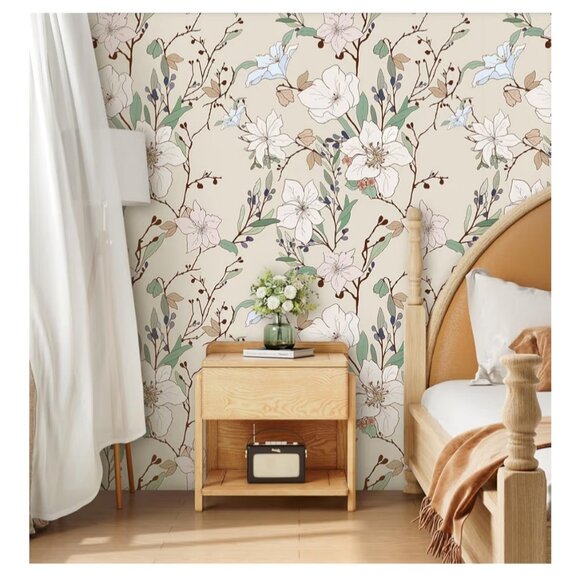 New Beige Peel Stick Wallpaper Boho Floral Lot Of 6 Rolls Botanical Cottage - Picture 2 of 12